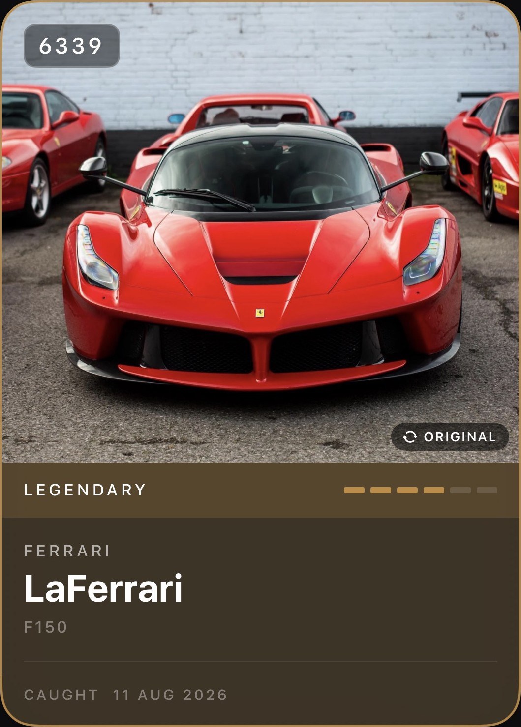 A PitDex card for a Ferrari LaFerrari, rated Legendary, showing the original photo taken when the car was spotted.