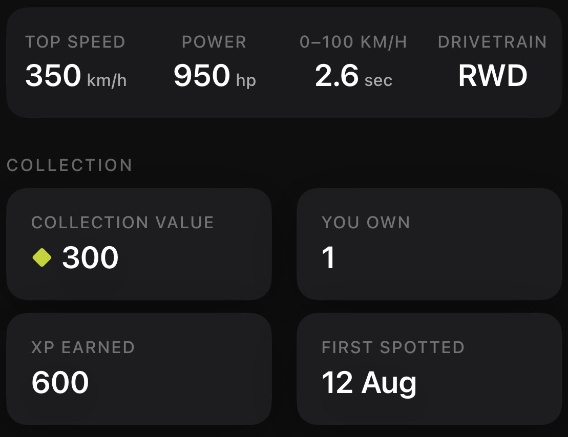 The PitDex detail screen: top speed 350 km/h, power 950 hp, 0–100 in 2.6 seconds, rear-wheel drive, above collection stats for value, ownership, XP earned and date first spotted.